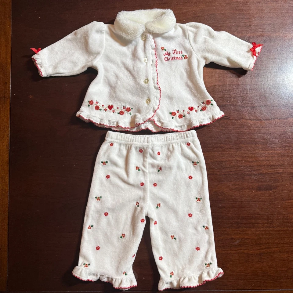 Babyworks My First Christmas Outfit 0-3M White Red Embroidered Velour Set - Image 2 of 4
