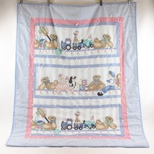 Handmade Quilt Blue  Pink Teddy Bear Pattern Baby Throw Blanket 38" x 47"