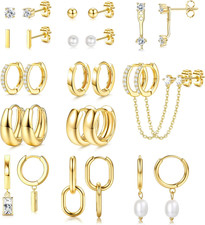 13 Pairs Small Stud Hoop Earrings Set for Women Hypoallergenic Gold Plated Huggi