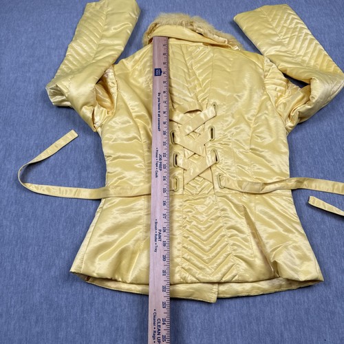 Bebe Jacket Womens XS Yellow Satin Faux Fur Collar Down Quilted Lace Up Belted - Picture 18 of 18