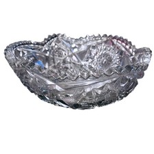 Antique Crystal Glass Bowl Hobstar Starburst Pattern Scalloped Edge Serving Dish
