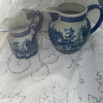 2 Vint Victoria Ware Blue and White ?Ironstone Pitchers Country French 8  & 6.5