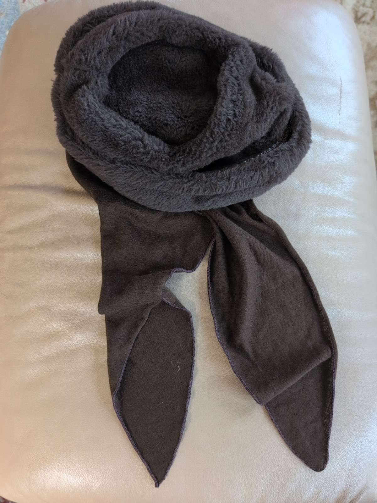 Brown vintage faux fur scarf and hat combination, USA union made.