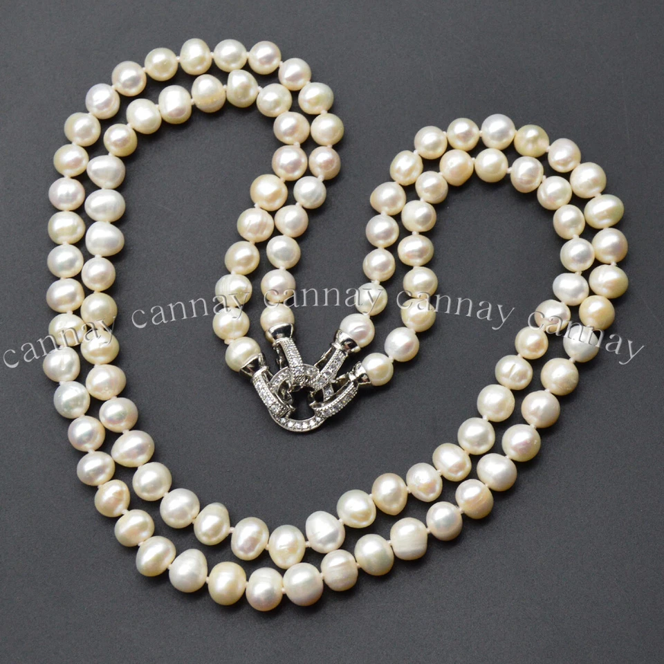 Ожерелье с 2 нитями натурального белого пресноводного культивированного жемчуга 7-8 мм 18-20 дюймов - Изображение 4 из 4