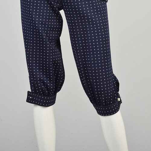 Small 1970s Matching Set Lace-Up Tunic Top Capri Pants Navy Blue White Swiss Dot - Picture 7 of 10