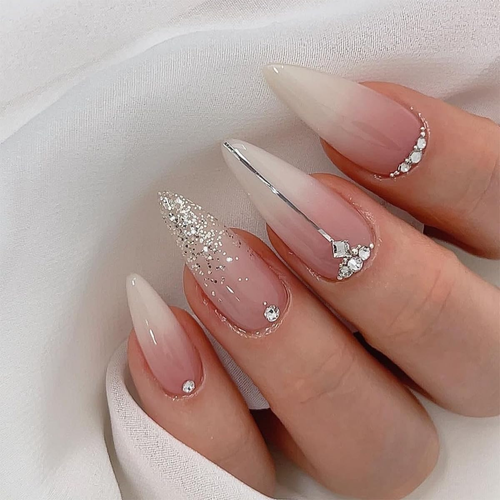 Medium Press on Nails Almond Ombre White Pink Silver Fake Nails Rhinestone Bling