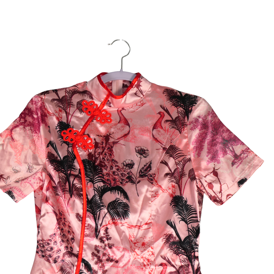 NEW Pretty Little Thing Dress Womens 4 Pink Asian Birds Tree Kimono