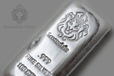 100 Gram Cast Silver Bar by Scottsdale Mint .999 Silver Bullion