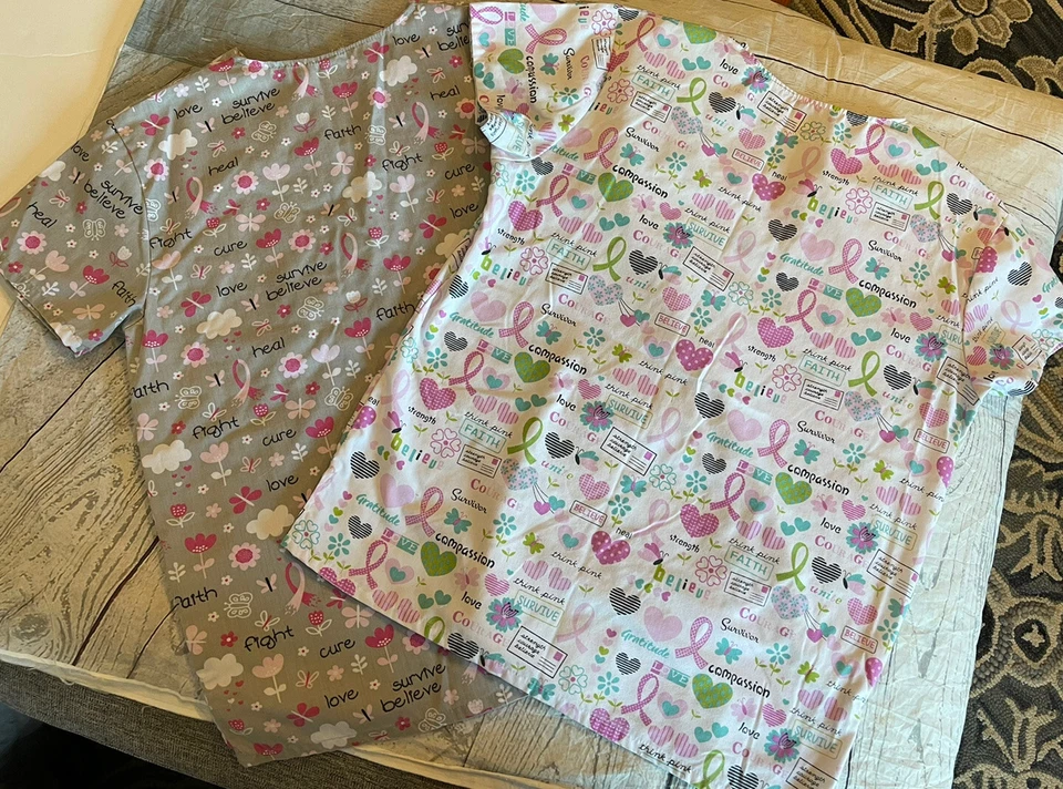 Lot Of 2 Scrubs Womens Top Scrub Size Medium Gray White Pink Love Hope Cure Heal - Image 2 of 4
