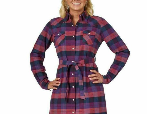 NWT WRANGLER Retro S Western Purple Plaid Flannel Belted Shirt Dress Shirtdress - Picture 3 of 5