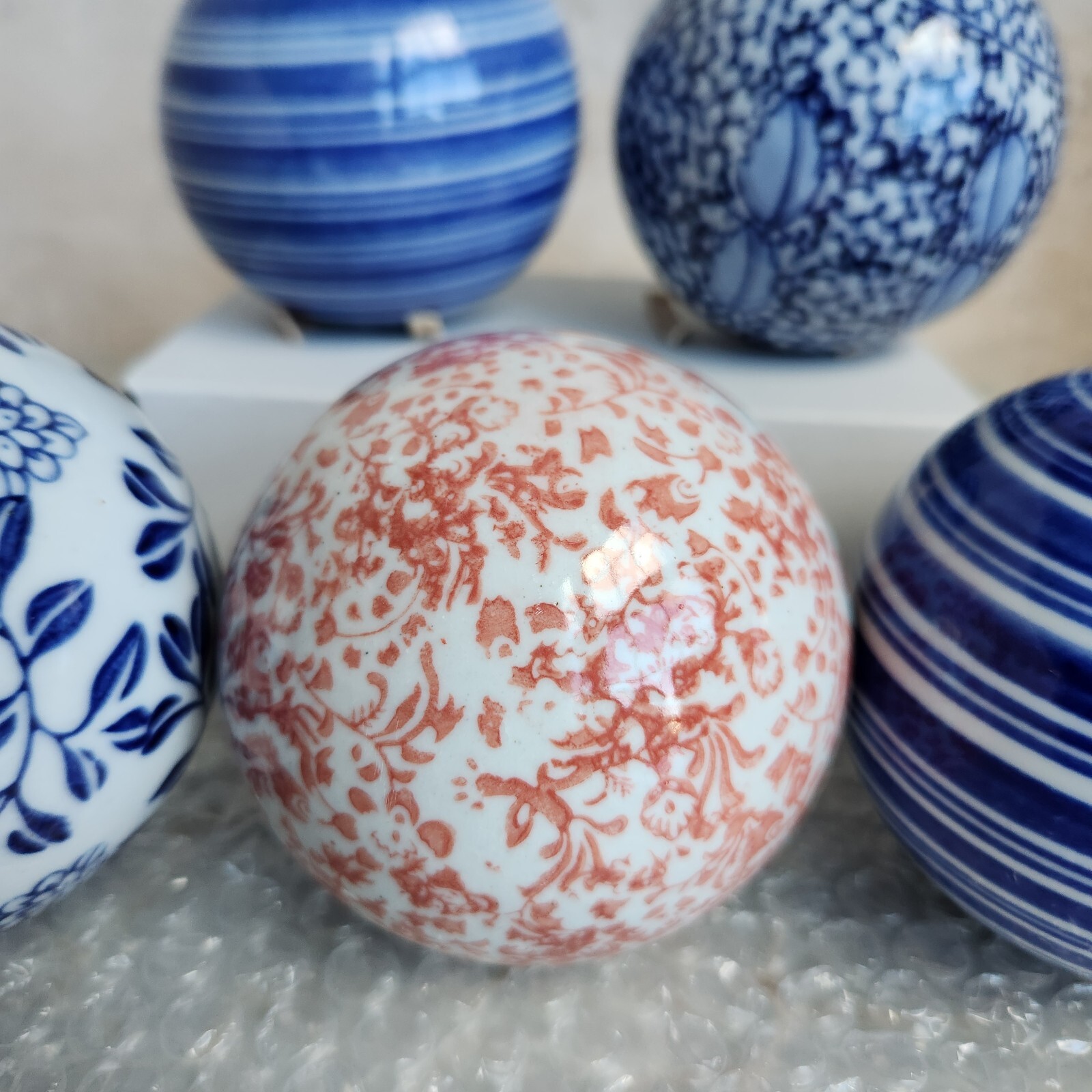 Lot of 5 Chinoiserie Cobalt Blue and Pink 3" Ceramic Carpet Balls