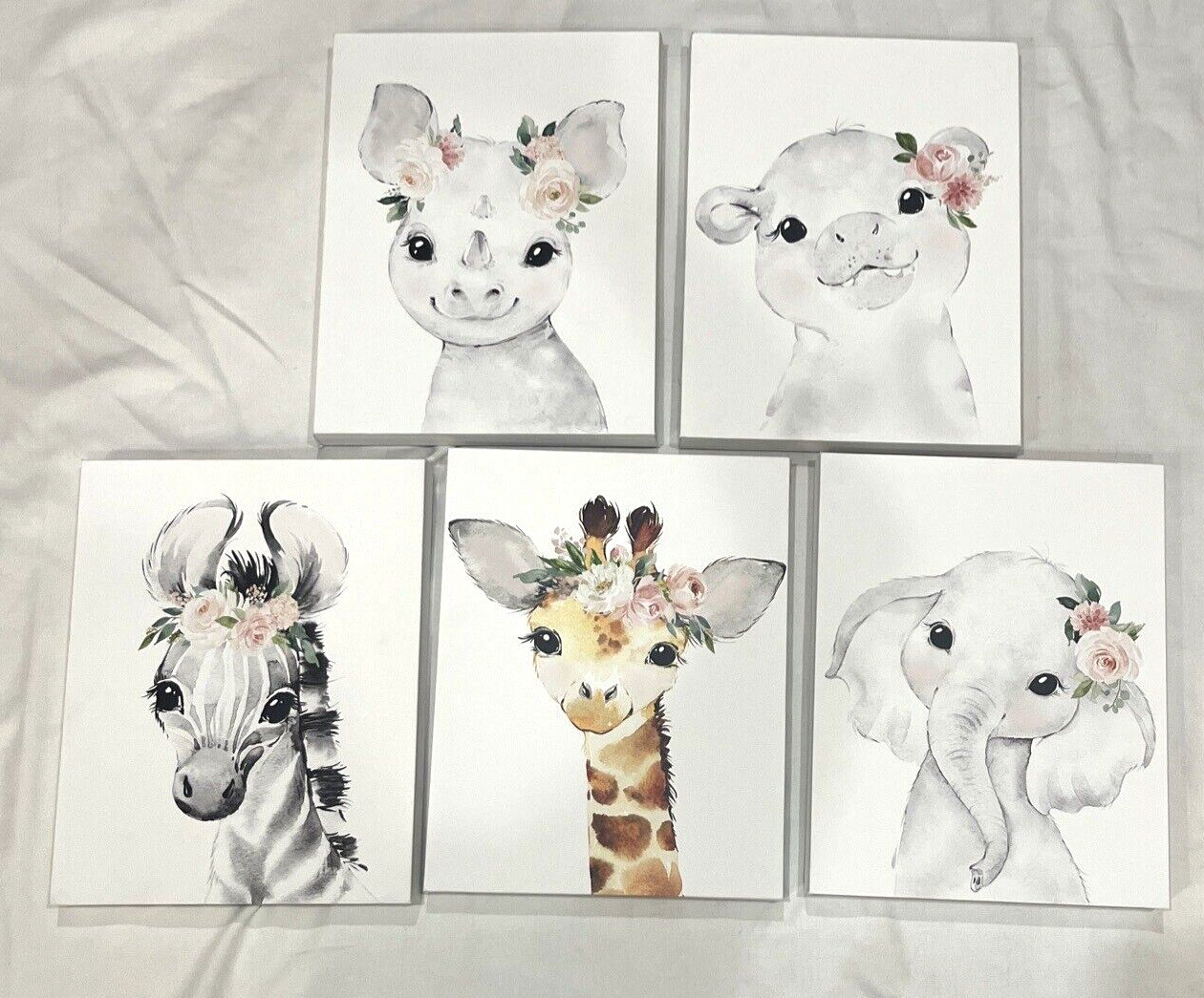 PRE-OWMED CUTE BABY ANIMALS NURSERY CANVAS 14x11 WALL ART PICTURE SET OF 5