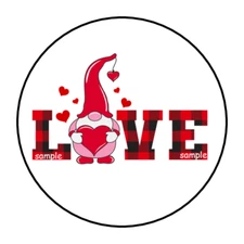 30 VALENTINE'S GNOME ENVELOPE SEALS STICKERS LABELS TAGS 1.5" ROUND LOVE PLAID