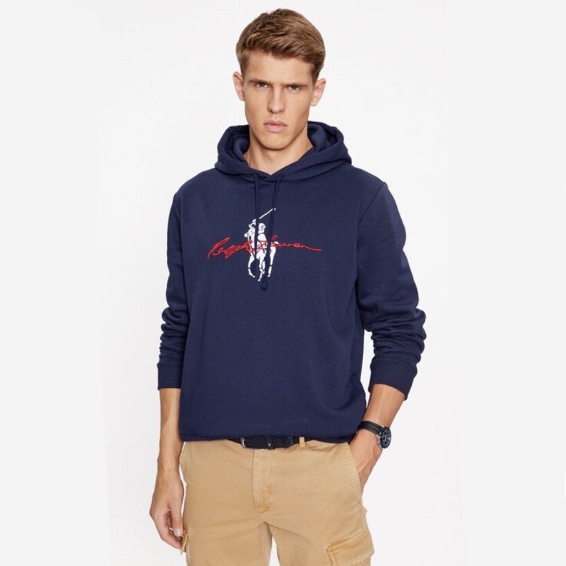 Felpa con cappuccio Polo Ralph Lauren uomo grande pony pile blu navy taglia XL NUOVA