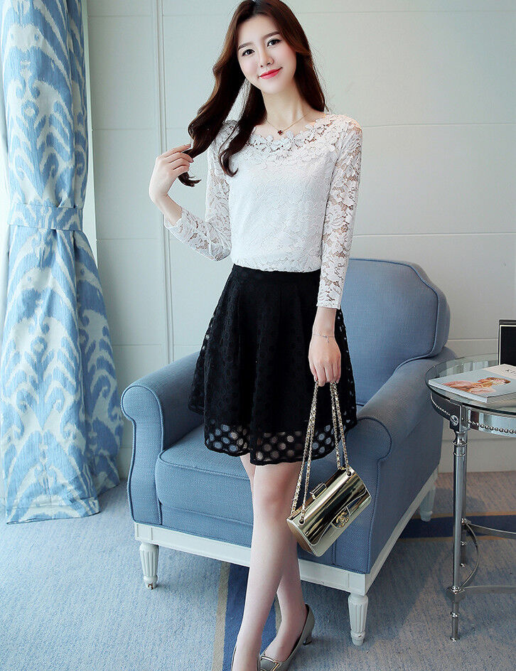Korean Fashion Women Slim Long Sleeve Lace Crochet Casual Basic Shirt  Blouse Top
