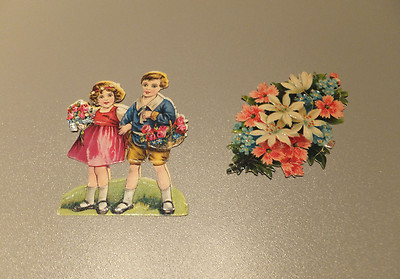 Stammbuchbilder Glanzbilder   1x Blumenkinder mit Strauß & Korb gratis Blumen
