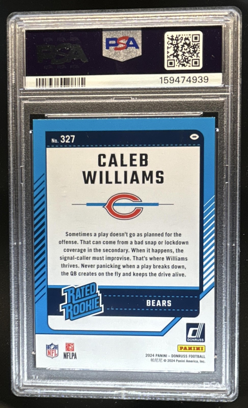 2024 Panini Donruss Caleb Williams Press Proof Green RC Rated Rookie #327 PSA 8 view 2
