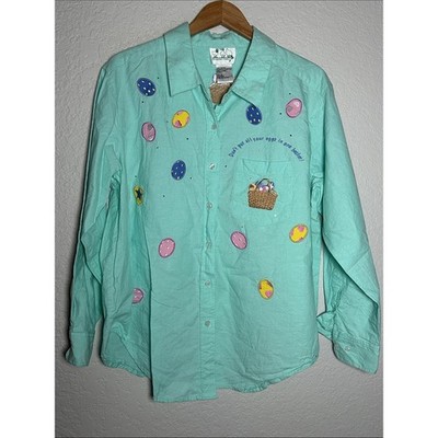 Quacker Factory Light Green Button Up Shirt Easter Egg Embroidery Basket 1X Plus