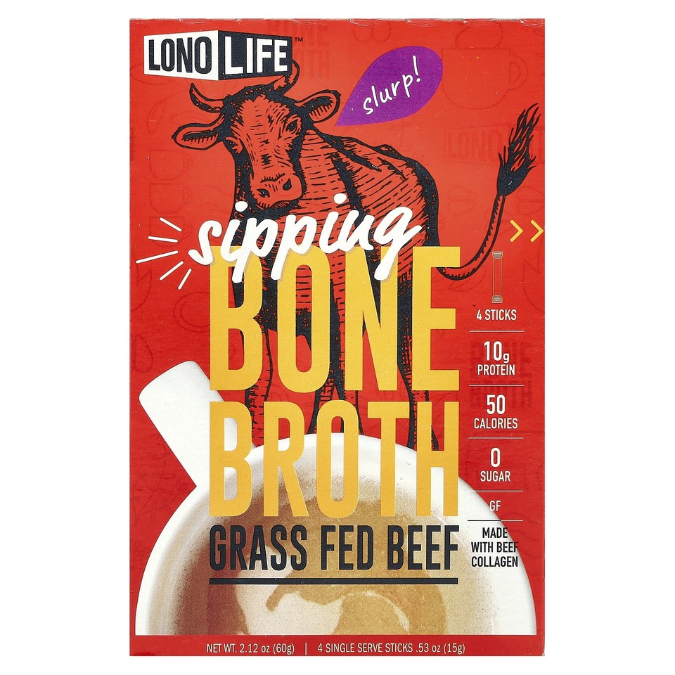 Sipping Bone Broth, Grass Fed Beef, 4 Single Serve Stick Packs, 0.53 oz (15 g)