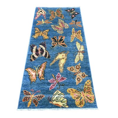 2'8''x5'8'' Blue Hand Knotted Peshawar Butterfly Design Soft Wool Runner Rug 21770