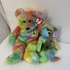 Ty Beanie Buddy & Beanie Baby Peace the Bear (Dark Tie Dye) Lot -- MWMT  #3
