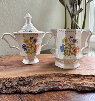 Vintage Nikko Classic Collection MAGENTA Wild Flowers Octagonal Sugar & Creamer