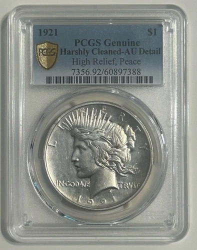 1921 Peace High Relief Silver Dollar $1 PCGS Genuine AU Detail Cleaned