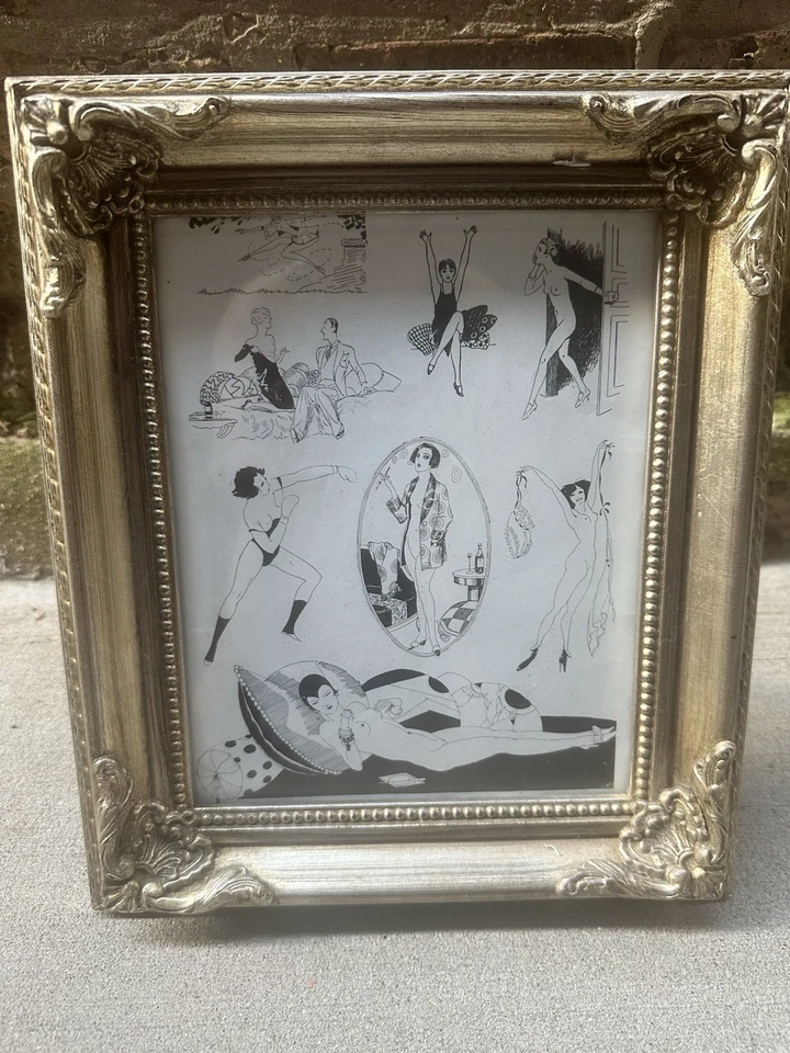 Vintage French Noir Illustration Print Framed Gold Art Deco Erotic Style Drawing - Image 4 of 4