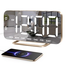 Slim LED Digital Alarm Clock Mirror Surface Dimming USB Charger Bedroom Office