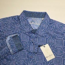 NEW Robert Graham Shirt Men  s Large Blue Geometric All Over Print Contrast Trim