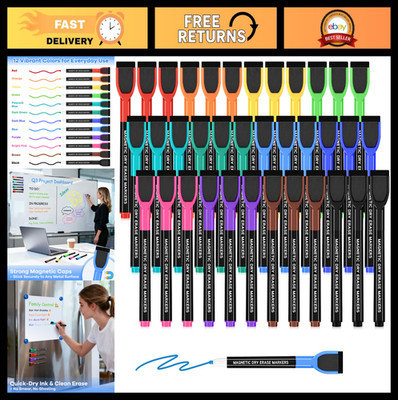 36 Magnetic Dry Erase Markers Set - Fine Tip, Low Odor, 12 Colors, Eraser Caps f