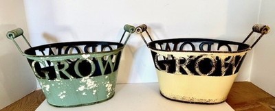 Set of 2 Metal Farmhouse Style Planters with Wooden Handles