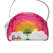 Barbie Rainbow Cloud Clear Pink Plastic Zipper Hand Bag Case Purse Doll Carrier