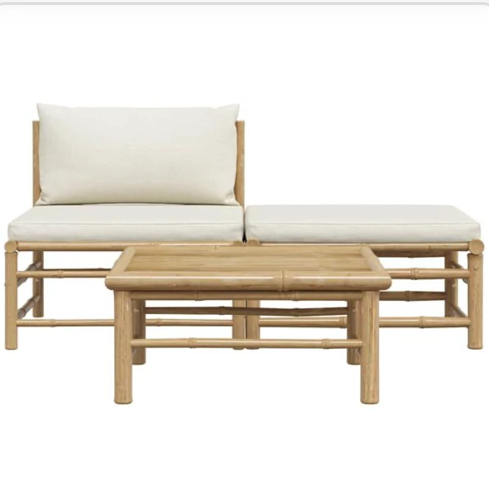 Lounge Set mit Kissen Bambus 3 tlg Garten Rund Balkonset Sitzgruppe - Bild 4 von 4