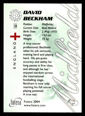 David Beckham 2004 Futera World Football Foil #18 England ESE | eBay