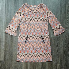 Aryeh Geometric Print Bell Sleeve Shift Dress Women Size L Orange Pink Black