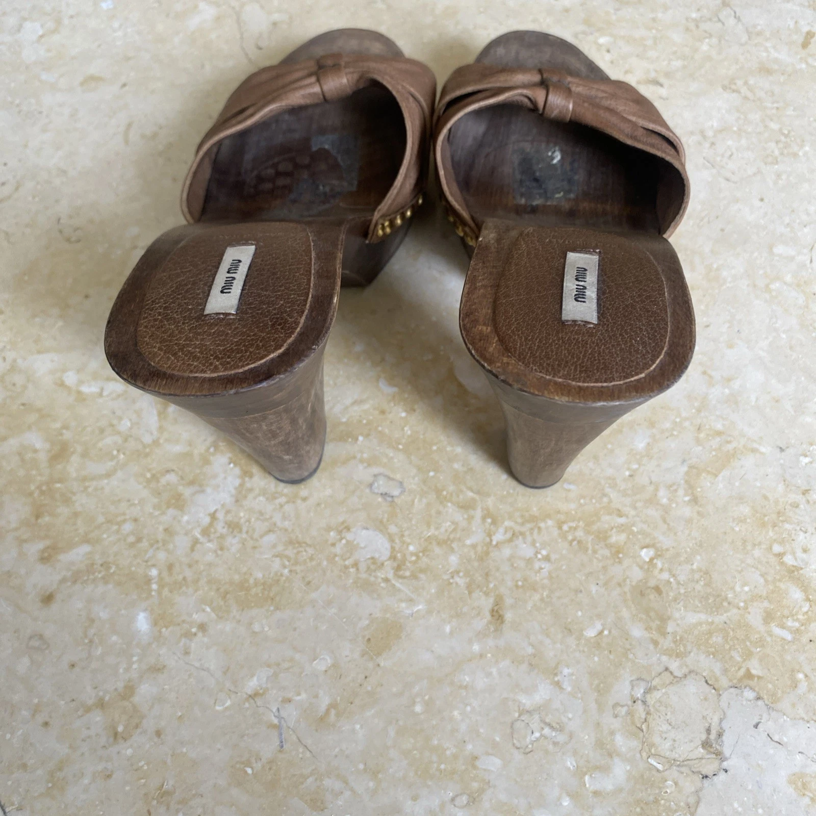 Miu Miu Sandali Donna 7 5 Scarpe Marrone Pelle Zeppa Legno Plateau