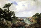 Oil painting Thomas Moran - Monterey Coast seascape with old tree landscape art