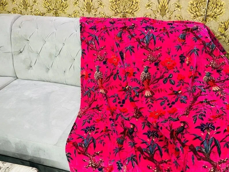 Vintage Cotton Velvet Hot Pink Bird Print Luxury Curtain, Boho Curtain Drapes - Image 2 of 4