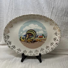 Vintage Thanksgiving Turkey Platter Farm Scene, Gold Filigree Retro 1960’s