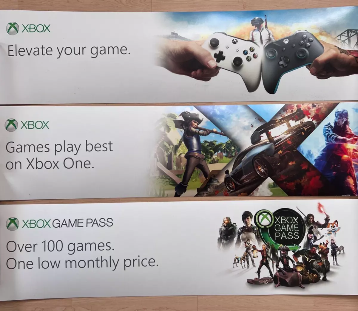 Set of 3 2019 XBOX One Game Pass 4'ft x 1'ft Cardstock Store Promo Poster  Banner