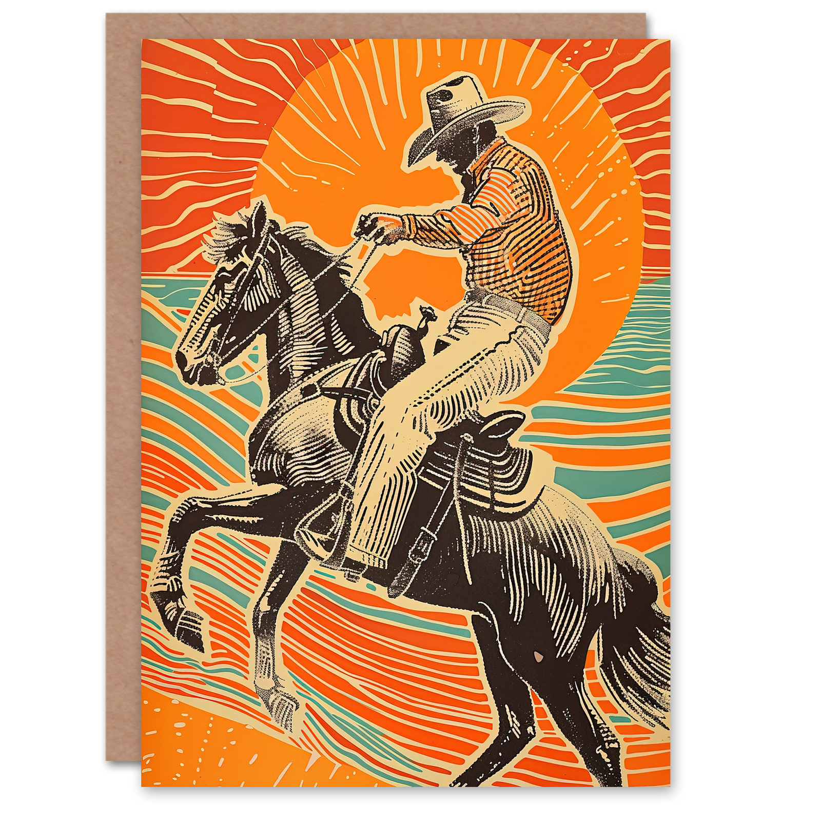 Abstract Cowboy on Horse Sunset Western America Greeting Card Birthday Him Her