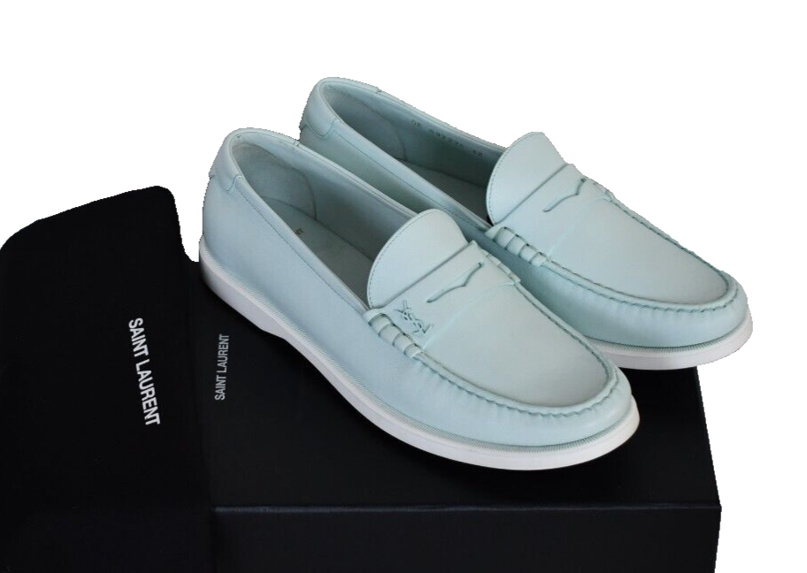 $745 NEW SAINT LAURENT Blue Leather LE LOAFER MONOGRAM PENNY  display picture 1