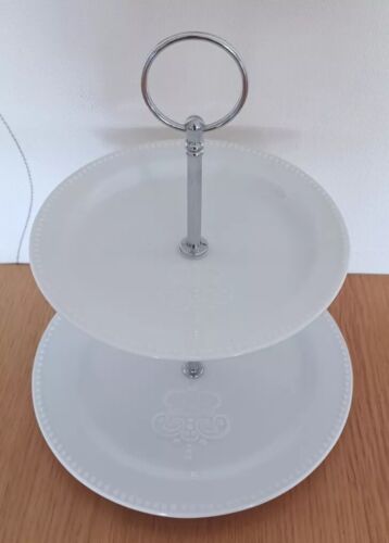 DISPLAY PLATTER STAND FOOD DESERT CAKE PASTRY FOOD 2 TIER CERAMIC WHITE NEW - Picture 2 of 5