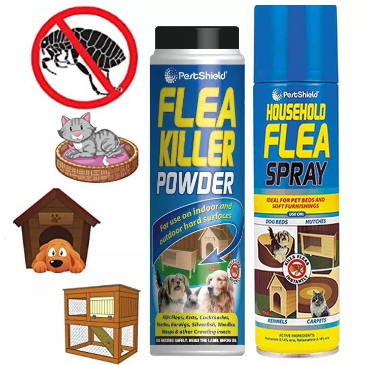 Pest Shield Household Flea Killer Spray or Powder Indoor Outdoor Beds Carpets