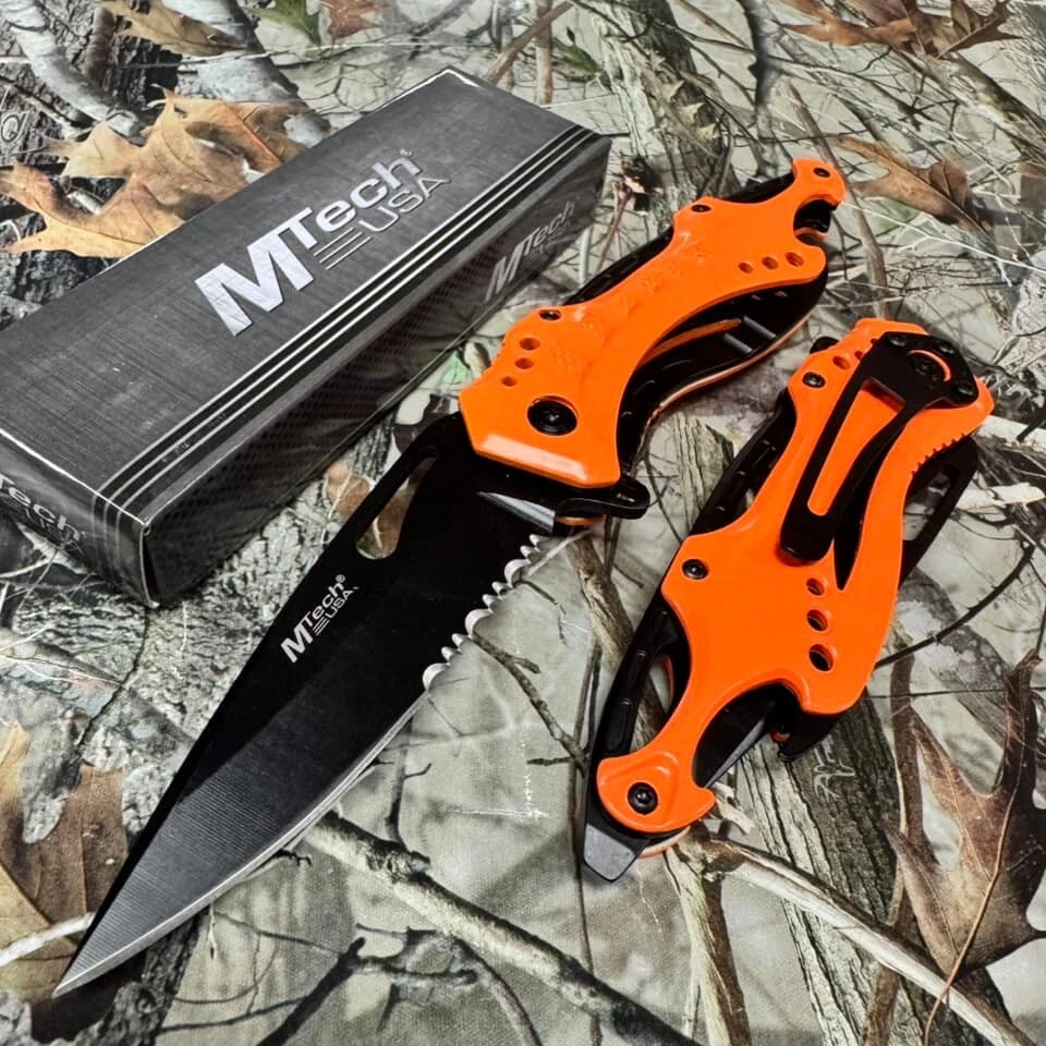 ¡Navaja de bolsillo táctica para exteriores naranja neón hoja dentada asistida por resorte M-Tech! Foto 2 de 4