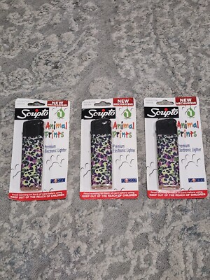 Scripto Premium Electronic Lighter ANIMAL PRINTS Push Button Ignition New 3 Pack