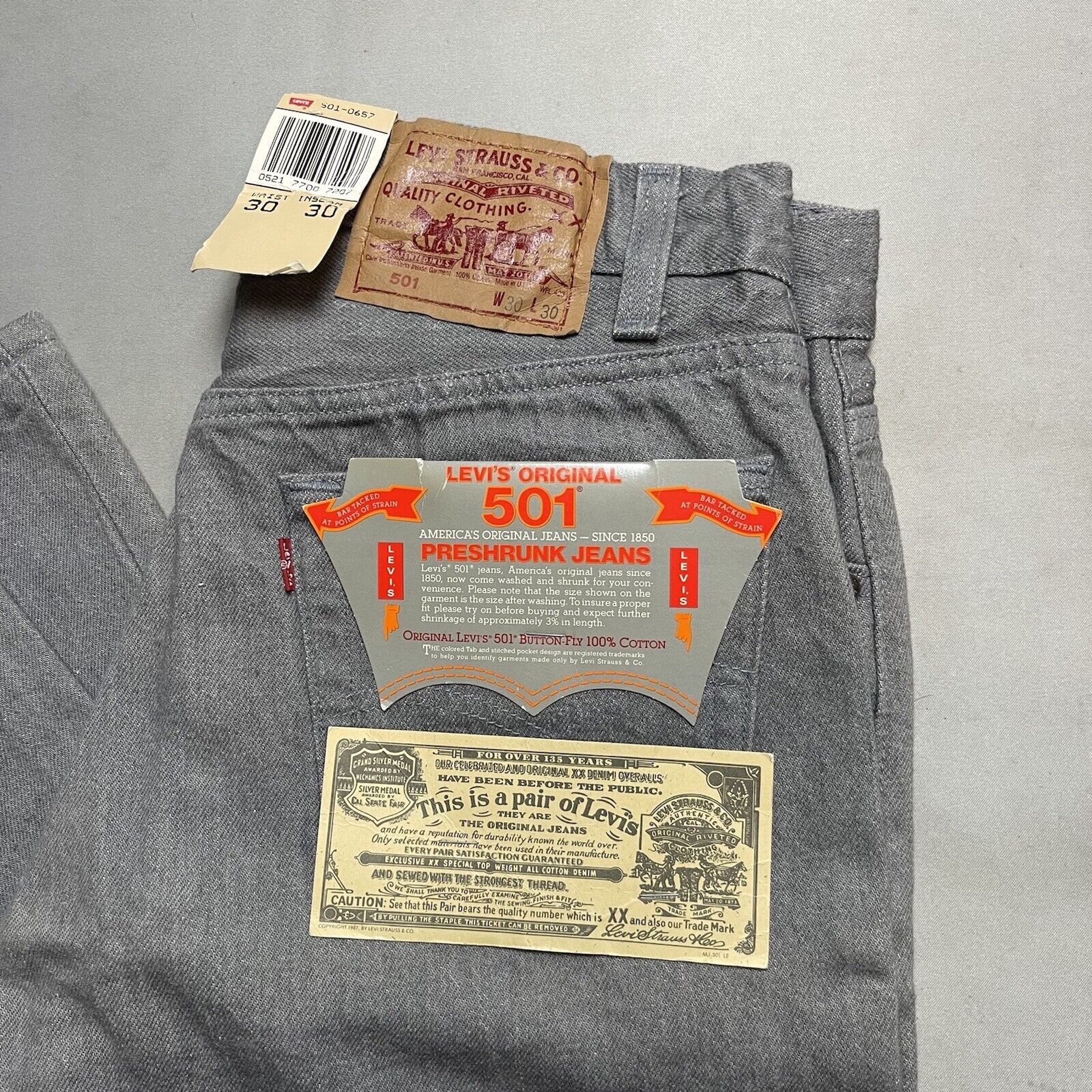Vintage Levis 501 80s Deadstock NWT 30x30 Grey Denim Jeans 1987