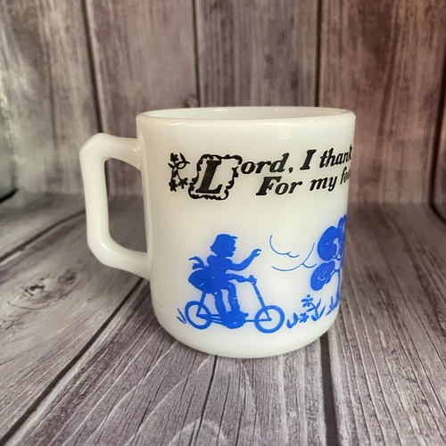 VTG MID-CENTURY HAZEL ATLAS MILK GLASS BLUE PRAYER THANKING LORD GOD KIDS MUG