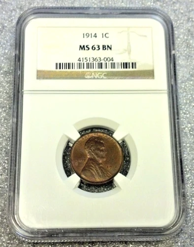 1914 LINCOLN WHEAT CENT NGC MS63 BROWN WITH SOME RED (3176)